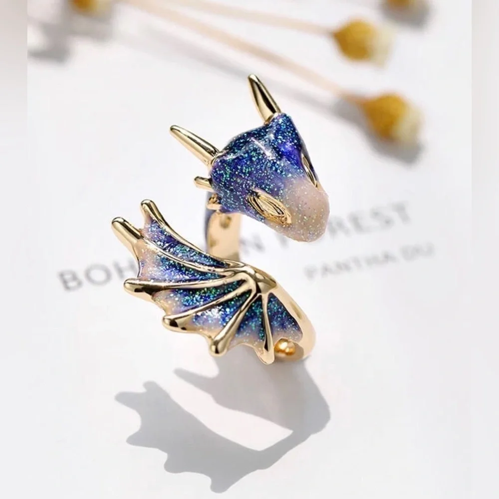 ✨3/$38 New Drip Glaze Glitter Blue Lucky Dragon Adjustable Statement Ring - Picture 2 of 14